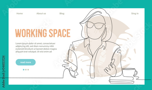 Coworking Space Landing Page Cartoon Template. Freelancers Team Working Online on Laptop. Business People Sharing Open Workspace. Outline Vector Illustration