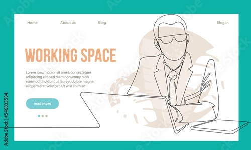 Coworking Space Landing Page Cartoon Template. Freelancers Team Working Online on Laptop. Business People Sharing Open Workspace. Outline Vector Illustration