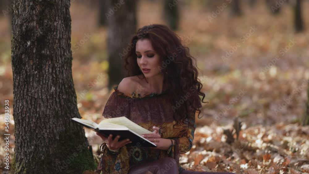 a beautiful woman reading a book in the autumn forest, handheld slow motion.
a beautiful woman reading a book in the autumn forest, handheld slow motion.