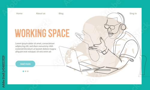 Coworking Space Landing Page Cartoon Template. Freelancers Team Working Online on Laptop. Business People Sharing Open Workspace. Outline Vector Illustration