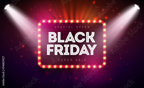 Black Friday Sale Illustration with Glowing Light Bulb Billboard on Dark Background. Vector New Year and Christmas Design Template for Greeting Card, Flyer, Banner, Celebration Poster or Party
