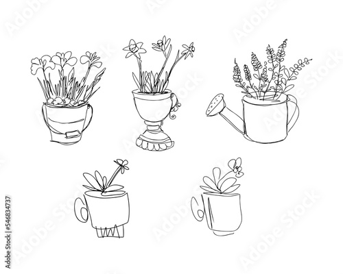 Blooming spring flowers crocuses, lavender, daffodils, daisy and pansy lineart collection. Perfect for T-shirt, sticker, poster. Doodle vector illustration for decor and design.