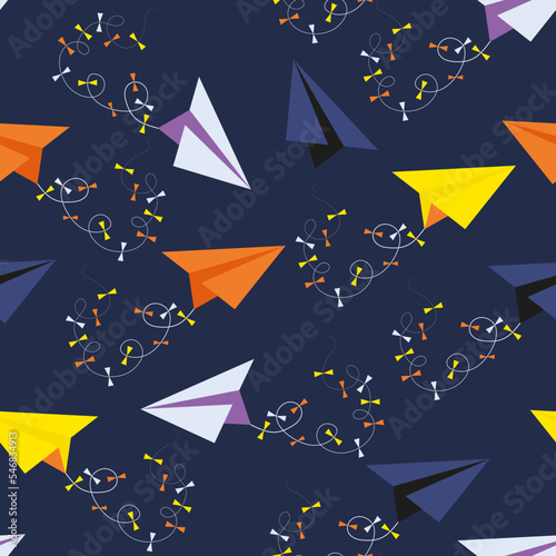 Pattern of multi-colored paper airplanes. flat vector illustration.