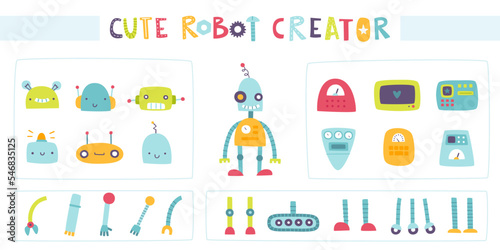 Cute robot constructor for kids. Custom cartoon robot creator from parts. Vector set of droid elements.
