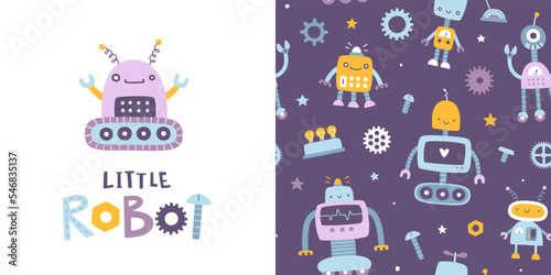 Cute pattern with robots for kids.Funny seamless vector print set for baby textile and apparel.