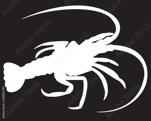 White silhouette of a realistic lobster on a black background. Seafood shop logo, signboard, restaurant menu, fish market, banner, poster design template. fresh seafood. vector illustration.