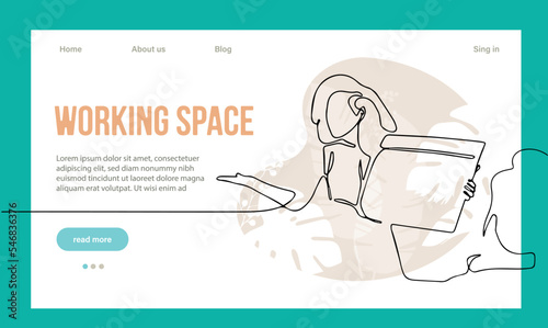 Coworking Space Landing Page Cartoon Template. Freelancers Team Working Online on Laptop. Business People Sharing Open Workspace. Outline Vector Illustration