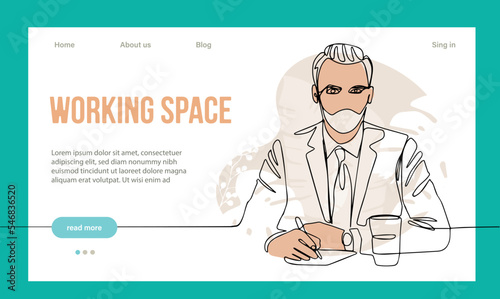 Coworking Space Landing Page Cartoon Template. Freelancers Team Working Online on Laptop. Business People Sharing Open Workspace. Outline Vector Illustration