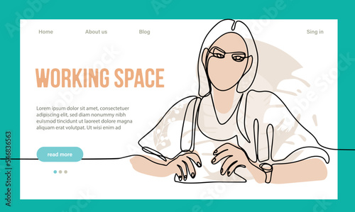 Coworking Space Landing Page Cartoon Template. Freelancers Team Working Online on Laptop. Business People Sharing Open Workspace. Outline Vector Illustration