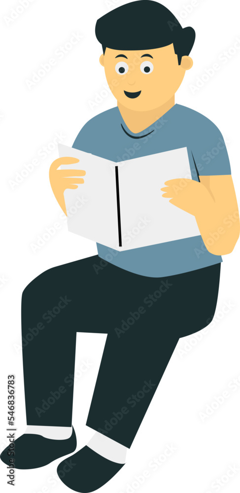 a man with short black hair wearing a blue shirt and long black pants is sitting reading a book
a man with short black hair wearing a blue shirt and long black pants is sitting reading a book