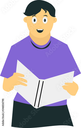 a black-haired man wearing a purple shirt and short black pants is reading a book with a white cover
