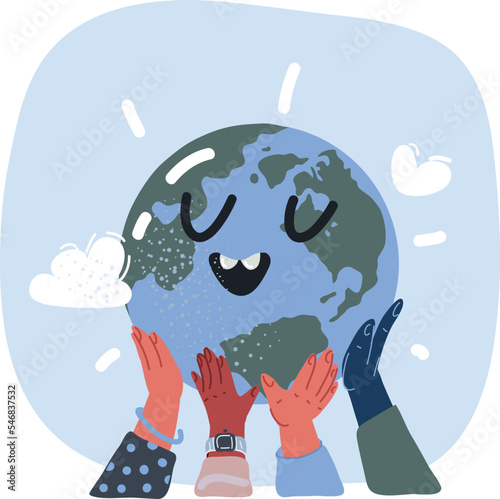 Vector illustration of hands holding globe earth web black icon. Save earth concept