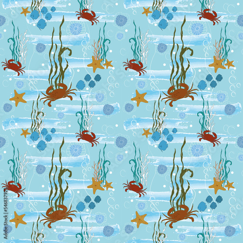 Seamless sea background with crabs.Vector graphics.