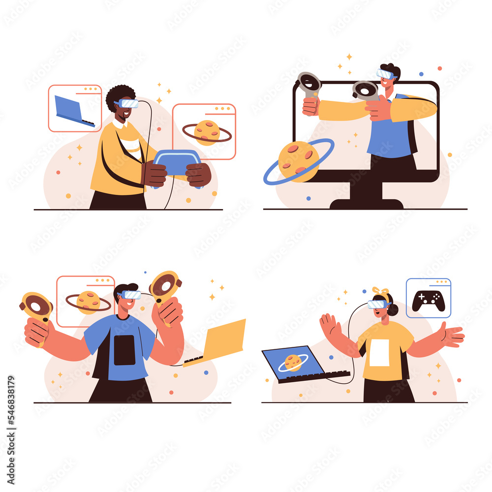 Cyberspace people concept isolated scenes set. Men and women in VR ...