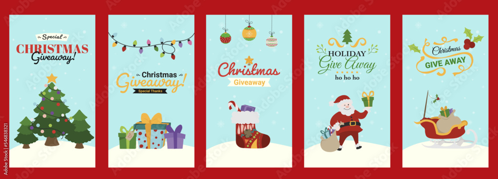 Flat design Christmas stories collection. Greeting card, social media template design. Snowy background, vector illustration. Flat design Christmas stories collection. Greeting card, social media template design. Snowy background, vector illustration.