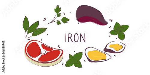Iron-containing food. Groups of healthy products containing vitamins and minerals. Set of fruits, vegetables, meats, fish and dairy