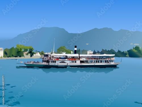 Illustrazione di arte digitale generata dall'intelligenza artificiale di battello sul Lago di Garda
