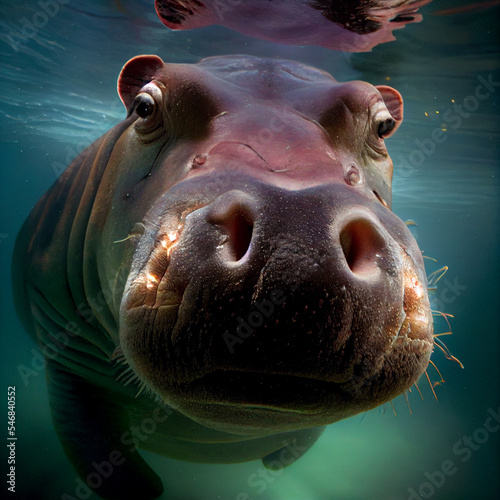 Closeup wide angle underwater photo upshot of a hippo underwater.