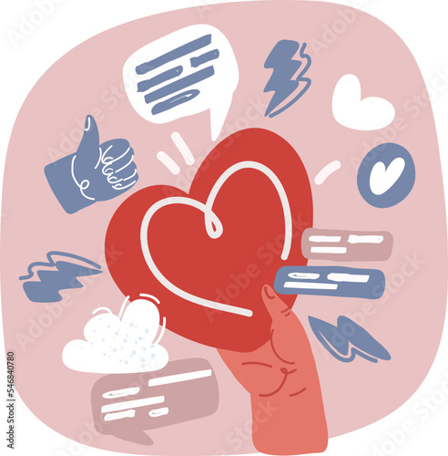 Vector illustration of Hands holding a heart, give and share love to people concept online like, social media