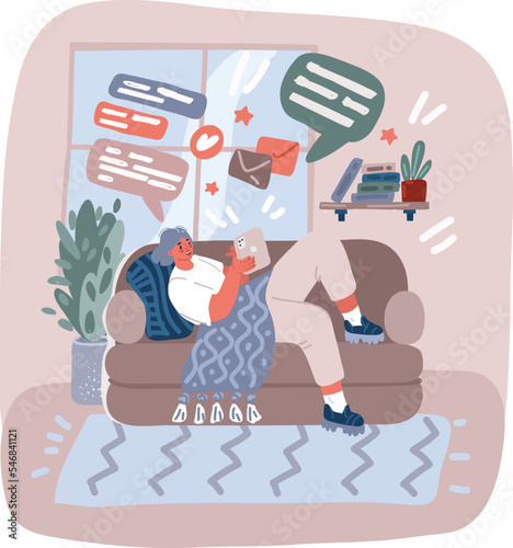 Vector illustration of Woman with gadgets lying on sofa and surfing online