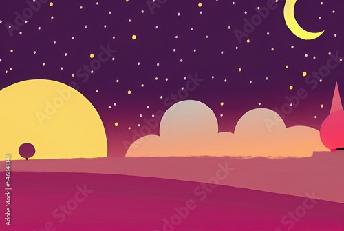 Magic nigh or evening landscape flat illustration. Shiny beautiful nature backdrop background  large size art print