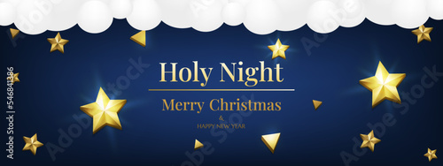 Blue sky with clouds Christmas background banner with 3d realistic golden stars sparkle. Light shining. Holy night horizontal gorgeous Christmas card. Winter season flyer Merry Christmas and New Year.