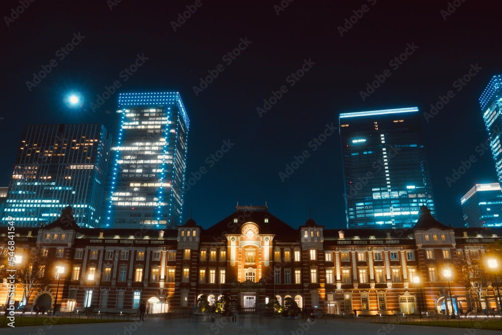 Tokyo station Marunouchi exit lit up at night Tokyo station Marunouchi exit lit up at night