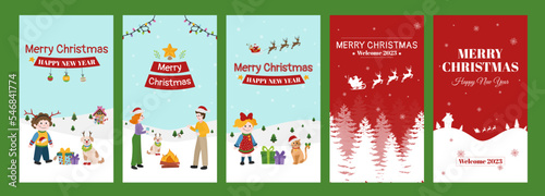 Merry Christmas and happy holidays social media story templates with cute characters. Greeting card design with cartoon elements.
