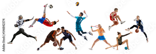 Collage. Different people  sportsmen in action  playing  training isolated over white background. Basketball  football  tennis  rhythmic gymnast  volleyball