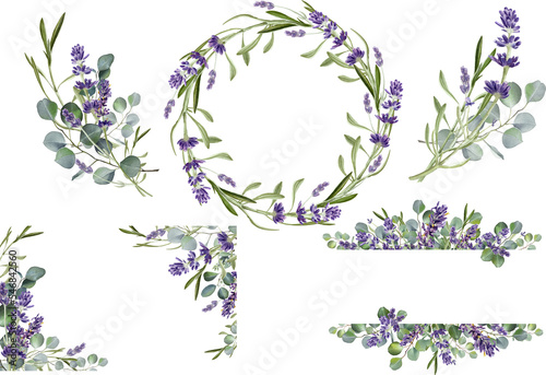 Watercolor eucalyptus leaves and lavender flower illustration. Floral frame, border bouquet set. Greenery wreath.  Wedding invitation. Provence clipart Isolated on transparent background