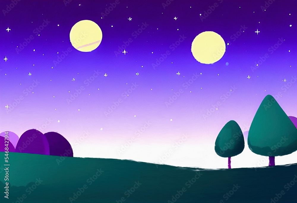 Fototapeta premium Magic nigh or evening landscape flat illustration. Shiny beautiful nature backdrop background, large size art print