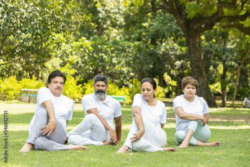 Group of indian senior people wearing white cloths relaxing doing yoga meditation together outdoor at summer park.