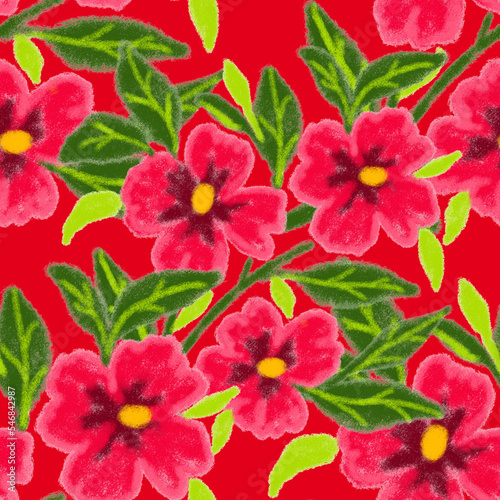 Fototapeta Naklejka Na Ścianę i Meble -  Creative seamless pattern with abstract flowers drawn with wax crayons. Bright colorful floral print.	