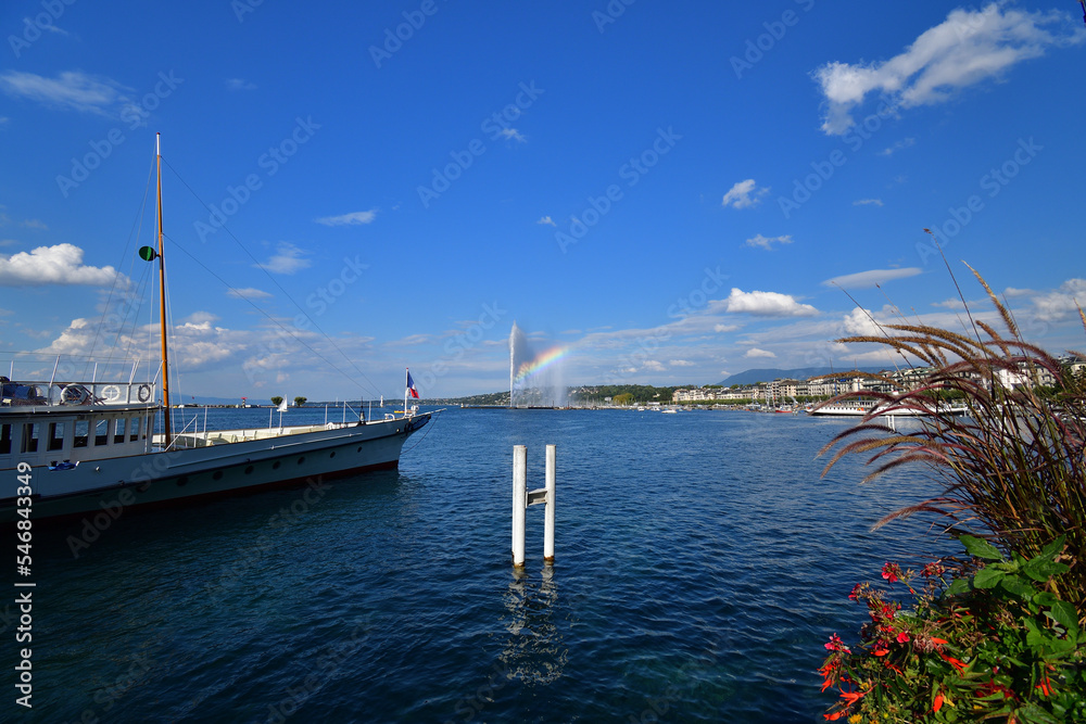 Switzerland, Geneva. A rainbow over the Jet d'Eau (Water-Jet) on Lake Geneva. August 15, 2022.