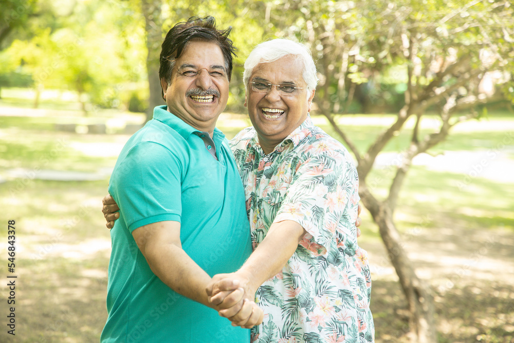 Happy senior indian men hugging each other, Mature aged old friends meeting and greeting outdoor at summer park. Happy senior indian men hugging each other, Mature aged old friends meeting and greeting outdoor at summer park.