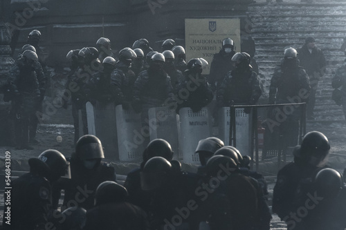 Orange revolution on the Maidan in Kyiv, Ukraine. Street riots and protests. January 2014 photo
