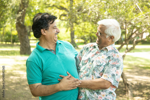 Happy senior indian men hugging each other, Mature aged old friends meeting and greeting outdoor at summer park. © gajendra