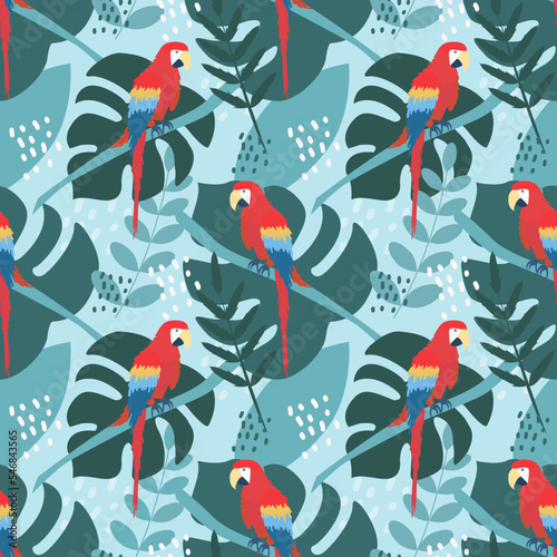 Macaw parrot on branch with tropical exotic plants, vector seamless pattern