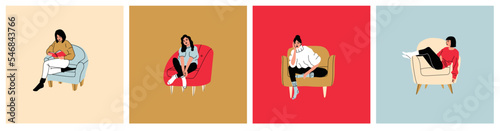 Young fashion women or girls sitting on the arm chair or sofa at home. Female character visiting friend  relaxing after work  models sitting in various poses. Cartoon hand drawn illustration
