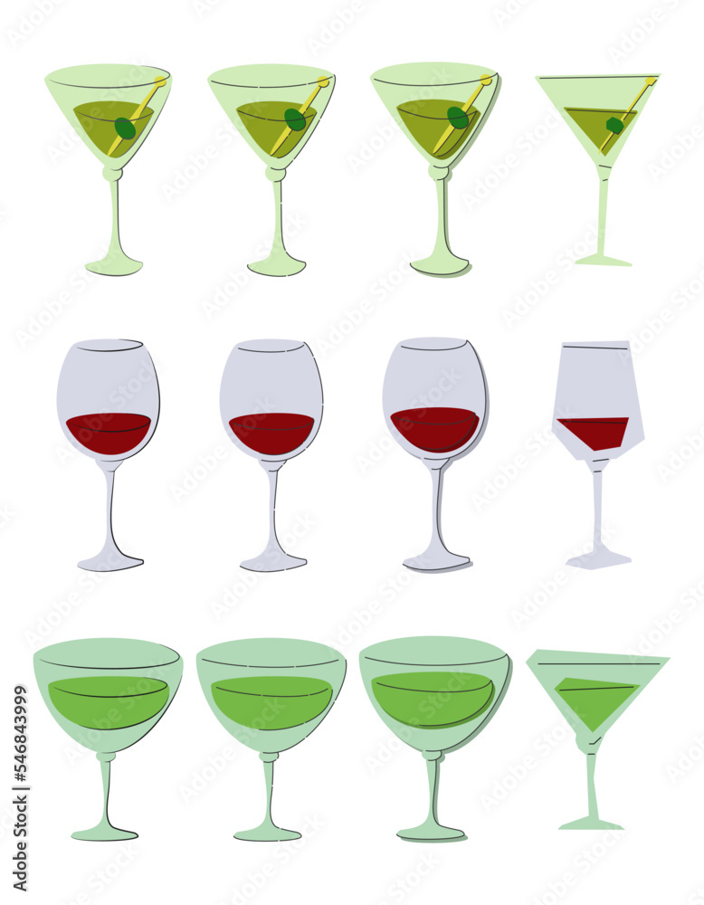 Martini red wine vermouth glass on white background. Cartoon sketch graphic design. Doodle style. Colored hand drawn image. Party drink concept for restaurant, cafe, party. Freehand drawing style. Martini red wine vermouth glass on white background. Cartoon sketch graphic design. Doodle style. Colored hand drawn image. Party drink concept for restaurant, cafe, party. Freehand drawing style.