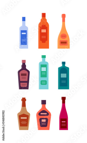 Set bottles of vodka rum champagne cream vodka gin whiskey liquor red wine. Icon bottle with cap and label. Graphic design for any purposes. Flat style. Color form. Party drink concept. Simple image