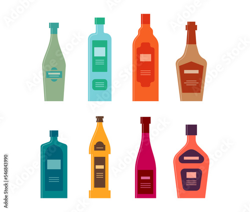 Set bottles of vermouth vodka rum whiskey gin beer wine liquor. Icon bottle with cap and label. Graphic design for any purposes. Flat style. Color form. Party drink concept. Simple image shape