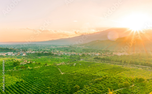green beautiful valley with gardens and plantations and amazing mountains on background during sunset or sunrise © Yaroslav