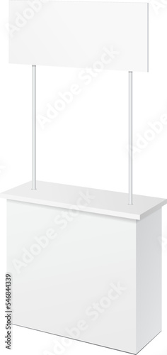Mockup POS POI Blank Empty Retail Stand Stall Bar Display With Banner. On White Background Isolated. Mock Up Template Ready For Your Design. Product Packing Vector EPS10
