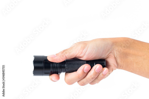 abstract man hand holding Black flashlight isolated on white background