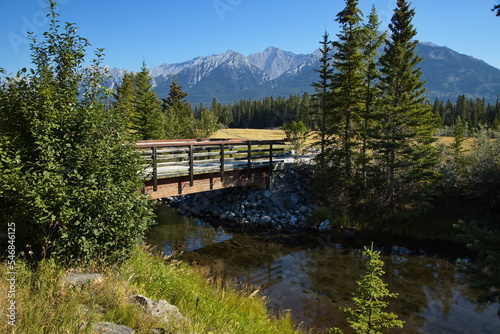 Wooden footbridge on Bow River Loop Trail in Canmore,Alberta,Canada,North America 