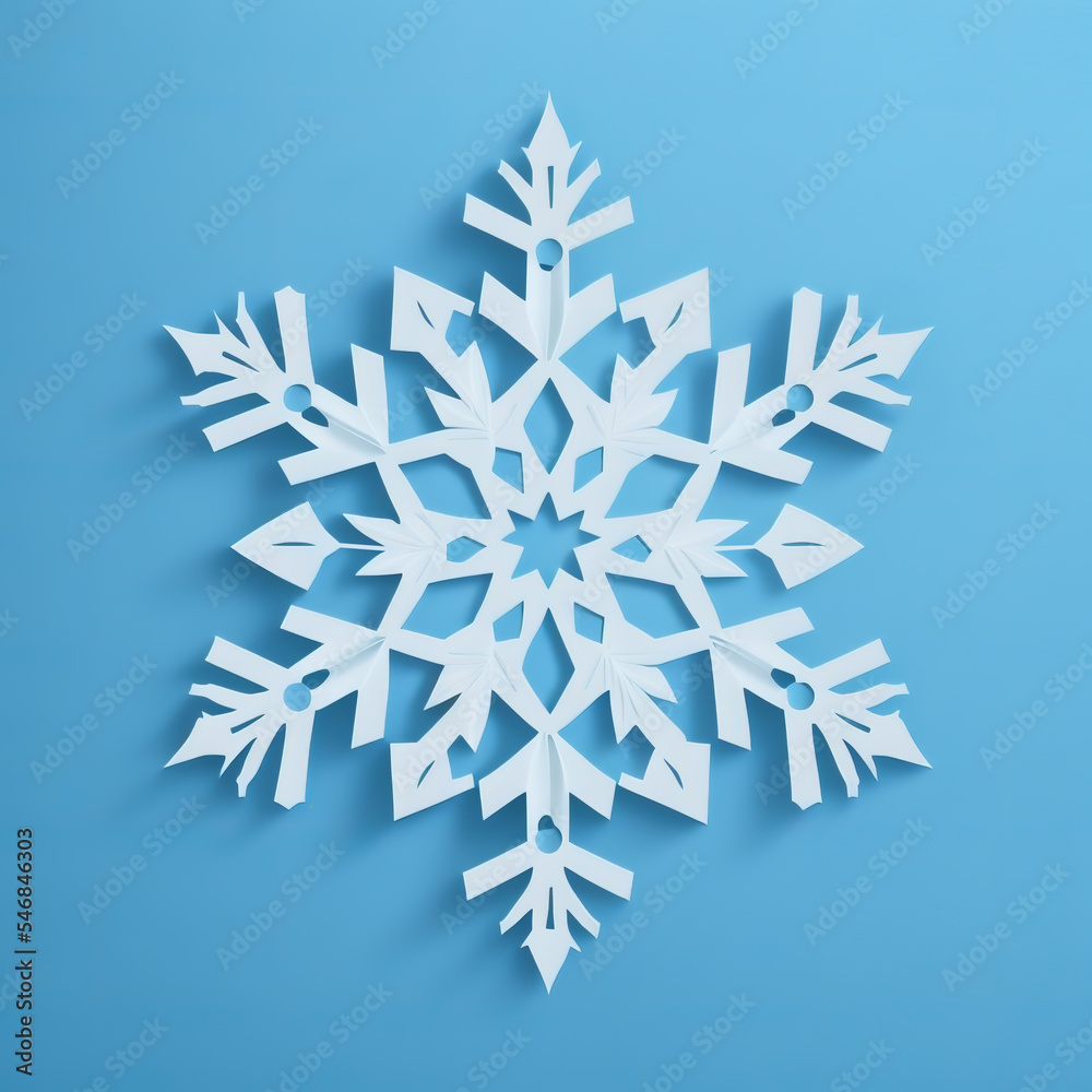 Paper craft snowflake on blue background. Handmade New Year or Christmas decoration. Design element. Digital art. Paper craft snowflake on blue background. Handmade New Year or Christmas decoration. Design element. Digital art.