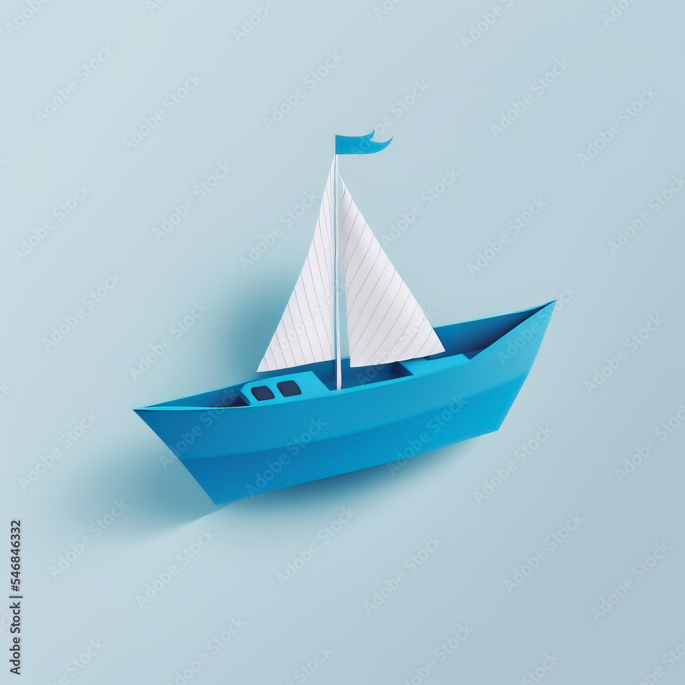 Paper craft sailing boat. Origami white yacht on blue background. Digital art paper blue boat. Design element.