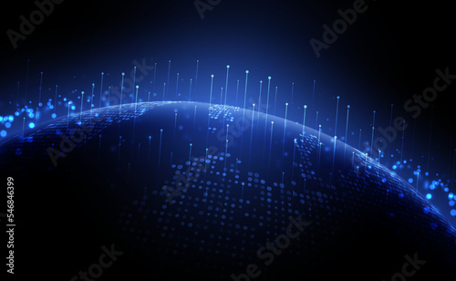 Digital technology worldwide global network internet connection blue background, Abstract cyber tech futuristic planet map world, Ai big data, Innovation 5g wireless wifi future, illustration vector