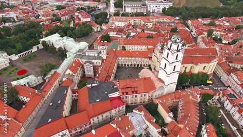 Aerial view of Bell Tower of St. John's Church, Vilnius University and Presidential Palace. Smooth movement of the drone forward over building and the university area in old town.  Vilnius, Lithuania